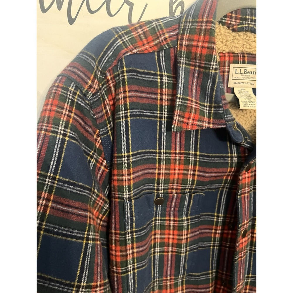 L.L. Bean Shacket Men's Large‎ Multicolor Plaid Sherpa Blue Red Military Jacket - Picture 5 of 11